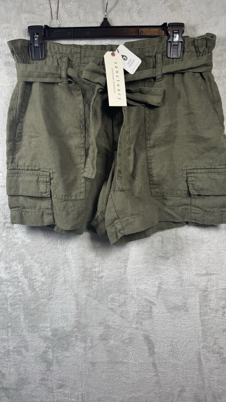 Sanctuary NEW Womens Shorts Sz S Olive 100% Linen Utility Belted Zipper Cargo